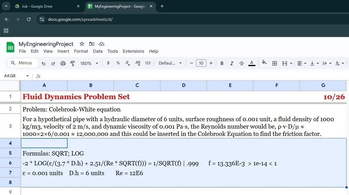 Colebrook-White equation example in selectNsolve